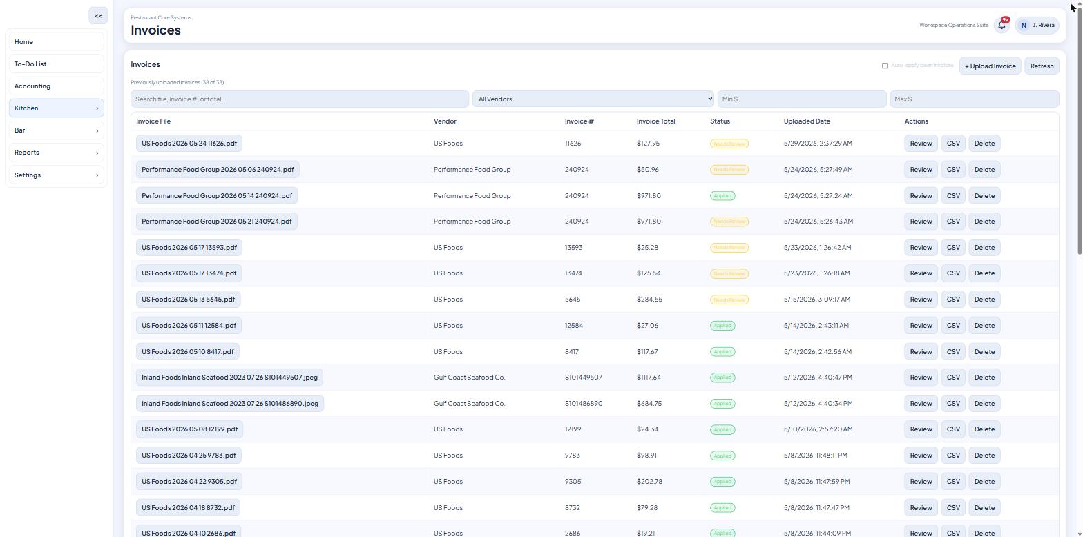 RCS invoice list with vendors, amounts, and status
