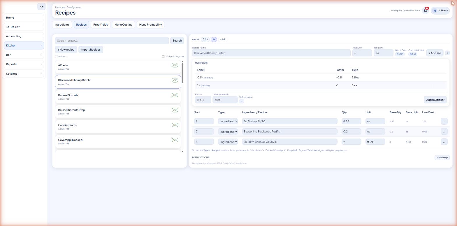RCS recipe costing view